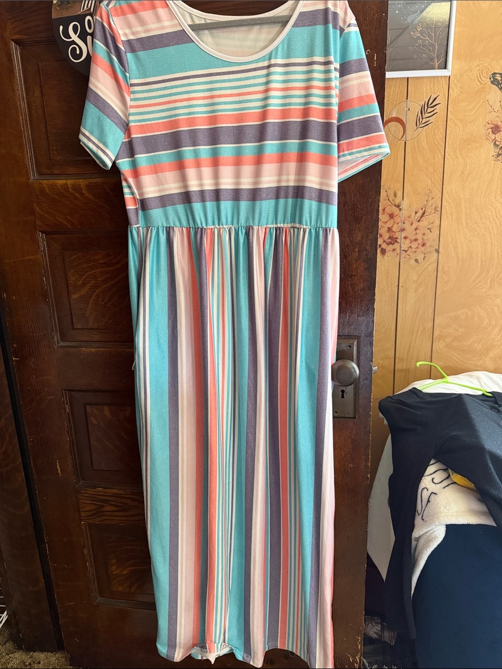 Womens Striped Short-Sleeve Maxi Dress - Pastel Multi
